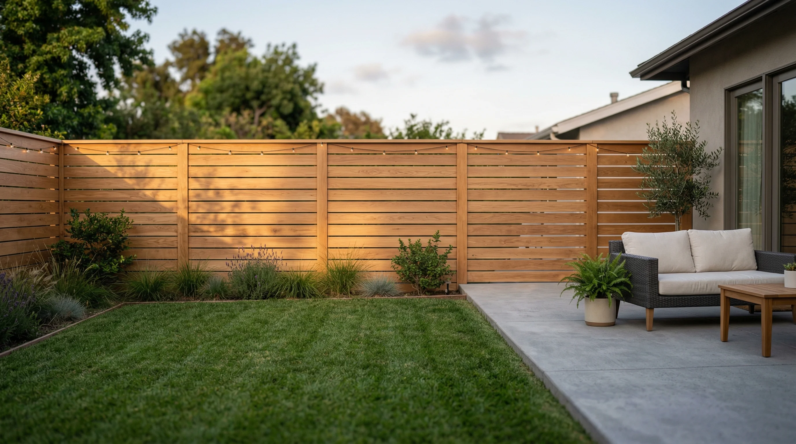 Horizontal wood slat fence in a minimalist garden